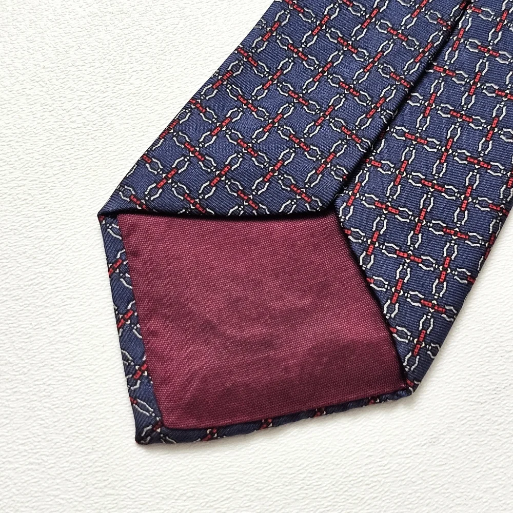 Vintage Hardy Amies London Silk Tie Navy Red Geometric Chain Pattern Luxury